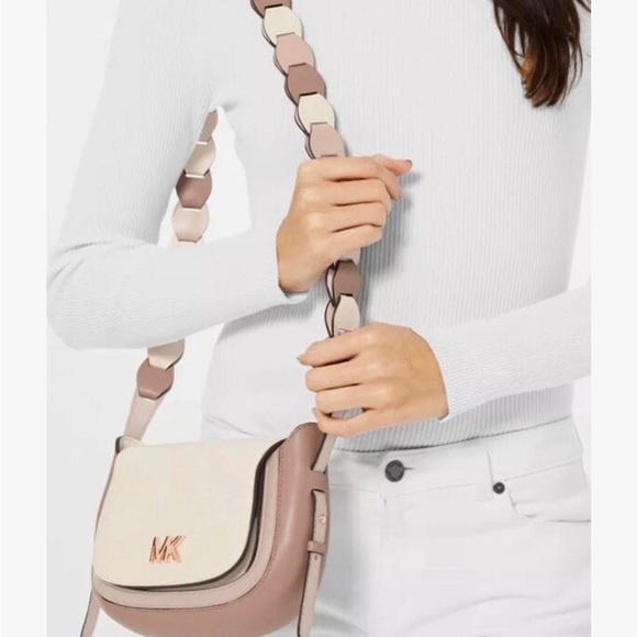 Michael Kors Jolene Cream and Blush Leather Saddle Crossbody with Braided Strap - Picture 2 of 8